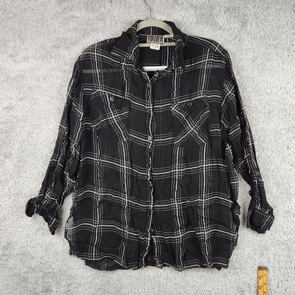 Vintage Forenza Shirt Womens Medium Black Plaid Sheer Rayon 80s Grunge Goth 90s